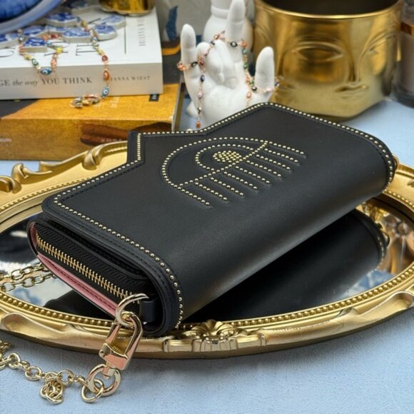 🆕 CHIARA FERRAGNI 🧿 NIB Studded Eyelike Motif Wallet on Chain Link - Black - Picture 9 of 15